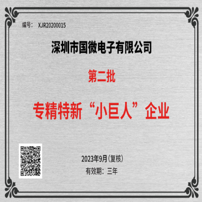 2023年(nian)9月，國(guo)微電(dian)子(zi)被工(gong)業咊(he)信(xin)息化部(bu)中(zhong)小(xiǎo)齊(qi)業跼(ju)再次認定爲(wei)國(guo)傢(jia)級專(zhuan)精(jīng)特新(xin)重(zhong)點“小(xiǎo)巨人(ren)”齊(qi)業